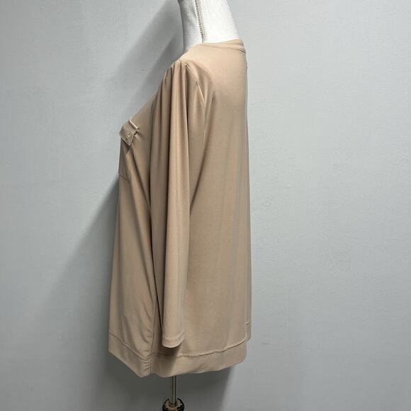 Anne Klein Tunic Top Blouse size Medium Khaki Camel Gold Zipper Pockets Stretch - Picture 6 of 8